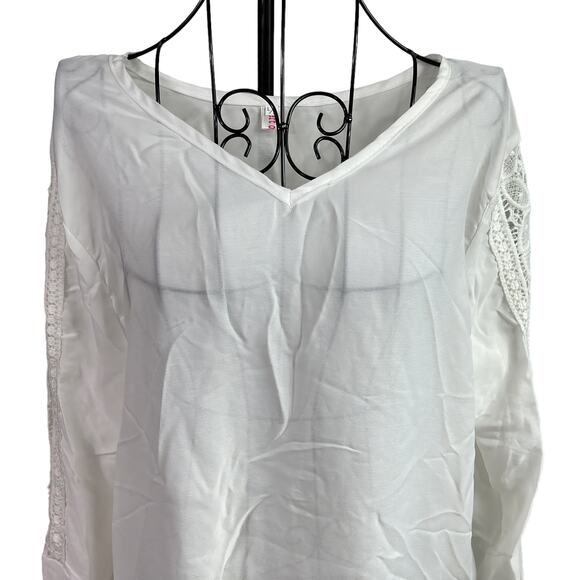 Exquisite Semi-Sheer Tunic Top Lace Bell Sleeves V-Neck White - Picture 4 of 13